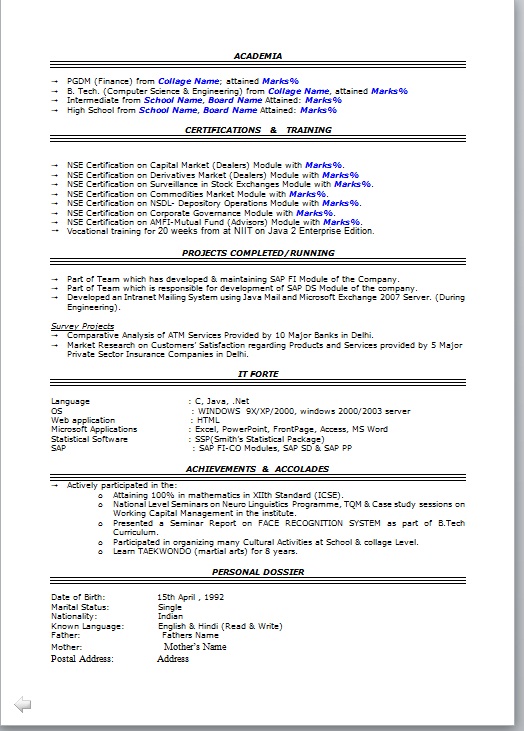 professional resume format free download
