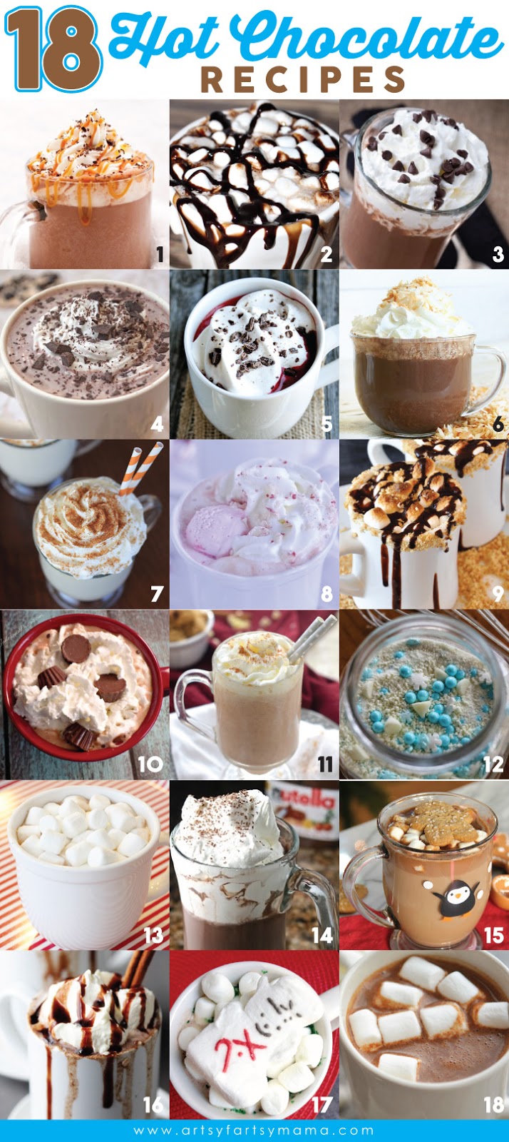 18 Hot Chocolate Recipes at artsyfartsymama.com