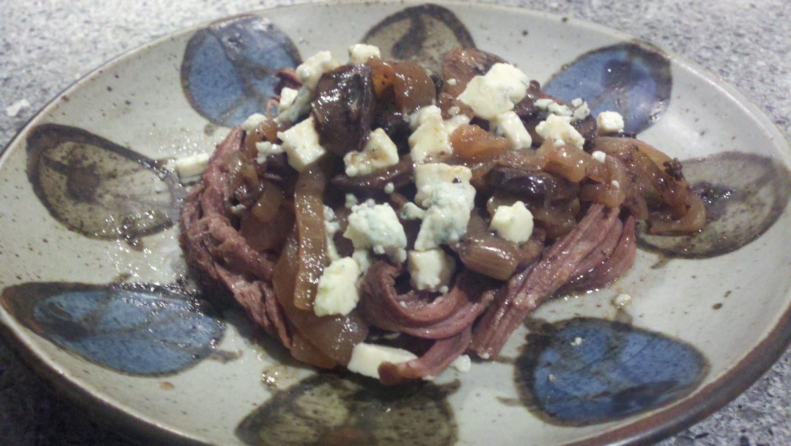 l.c.k.Cafe Crock Pot Flank Steak with Mushrooms, Onions, and Blue Cheese
