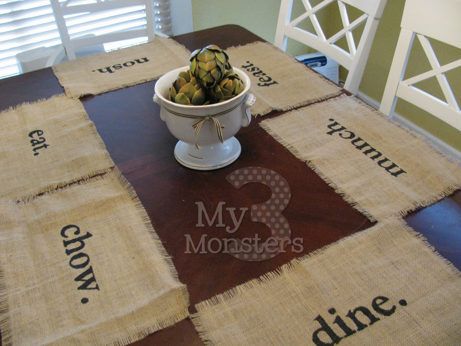 My 3 Monsters Day 25 Stenciled Burlap Placemats