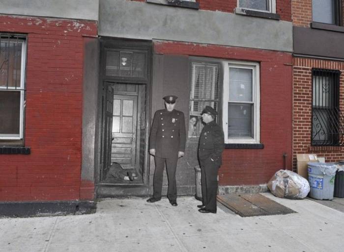 New York City then and now January 31, 1957. The body of petty gangster Salvatore Santoro, nicknamed the “Black Hawk Down”, is in the lobby of the building in Brooklyn.