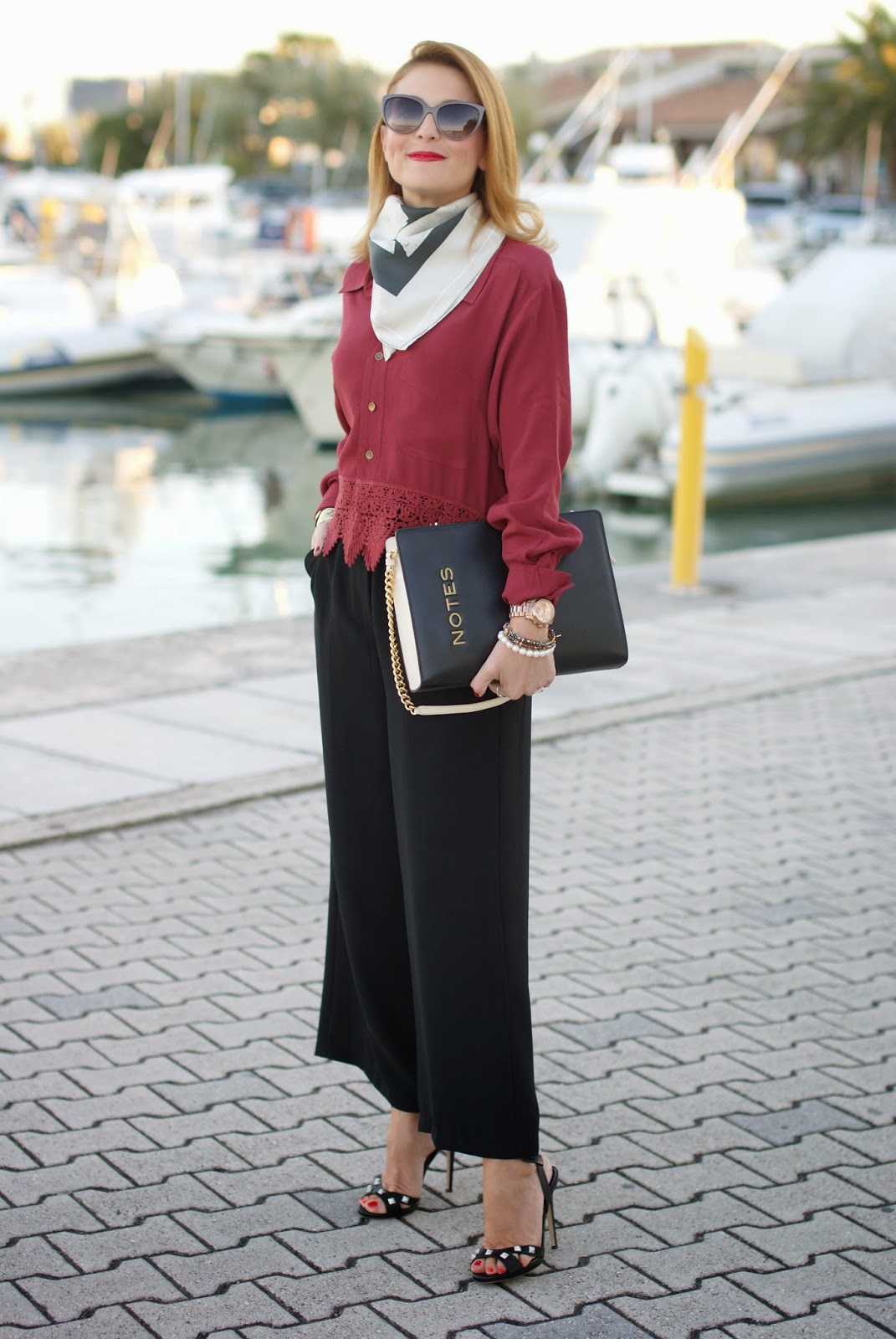Suguru silk scarf, Sangria shirt, Moschino notes bag, Fashion and Cookies, fashion blogger