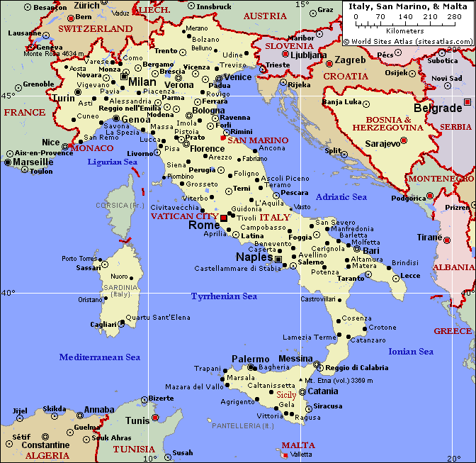 Italy map with detailed cities