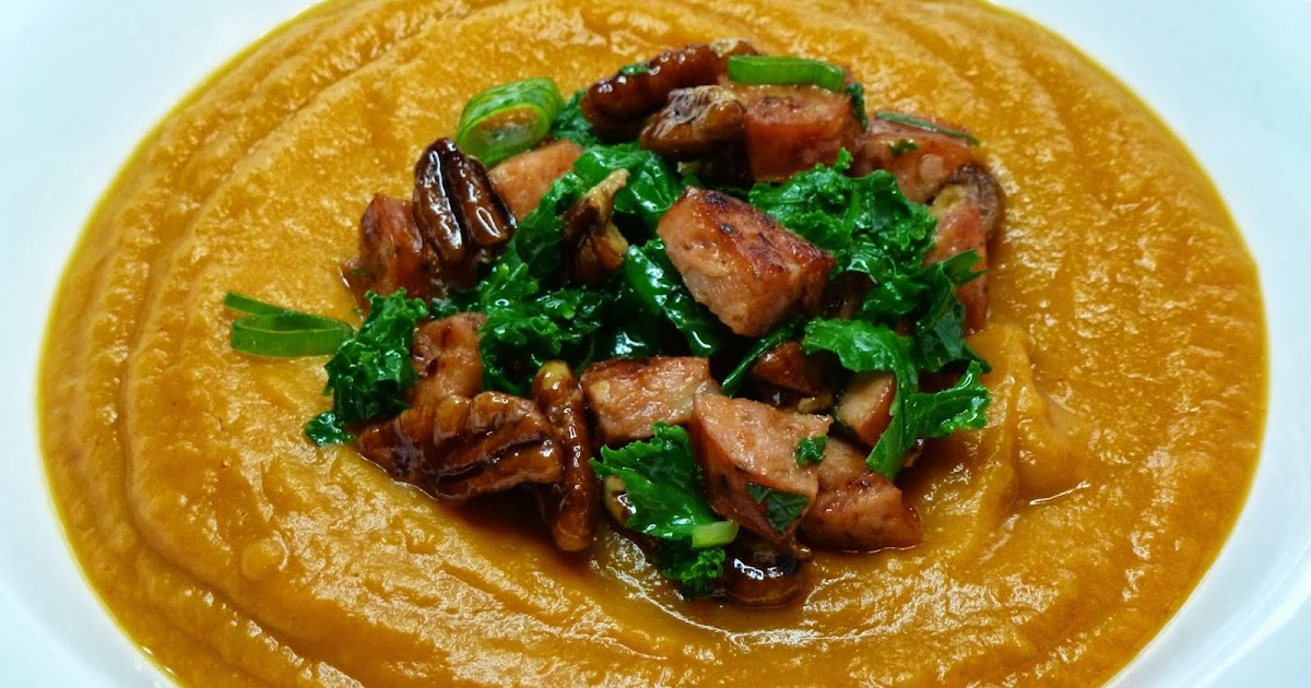 SoupaWoman SoupaSeason! Roasted Sweet Potato and Onion Soup with Andouille, Pecan & Kale Relish