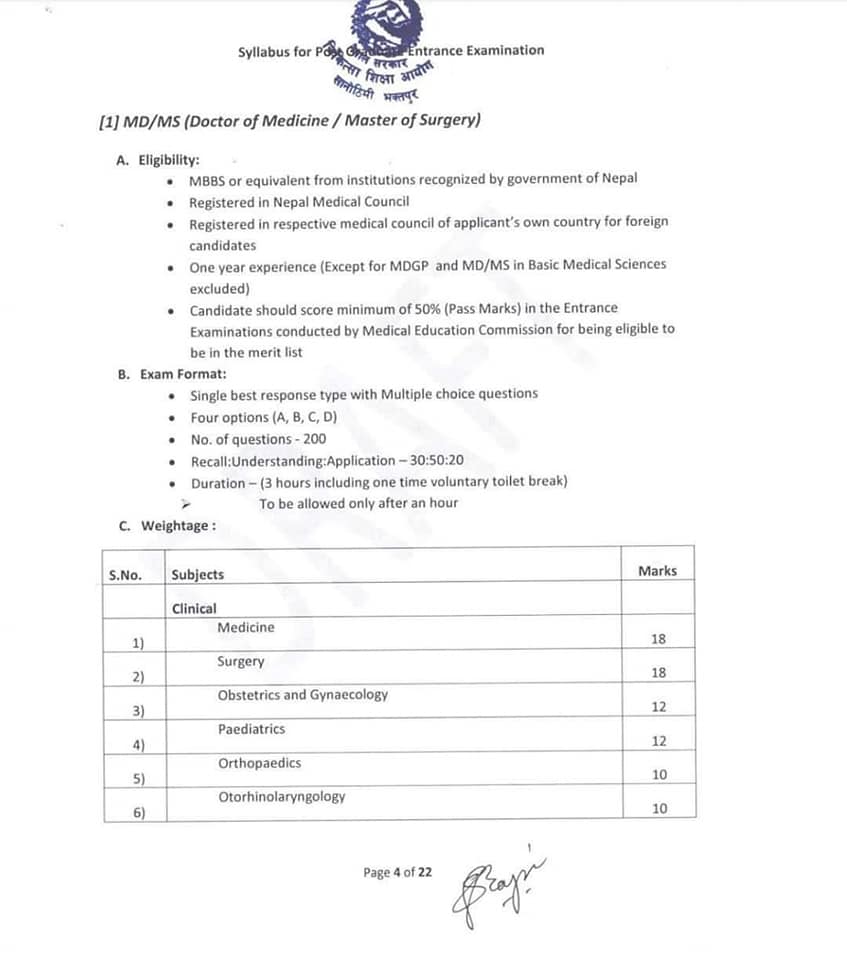 Syllabus For Post Graduate MDMS Common Entrance Exam