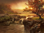 Waterfall and Sunset Landscape Wallpaper