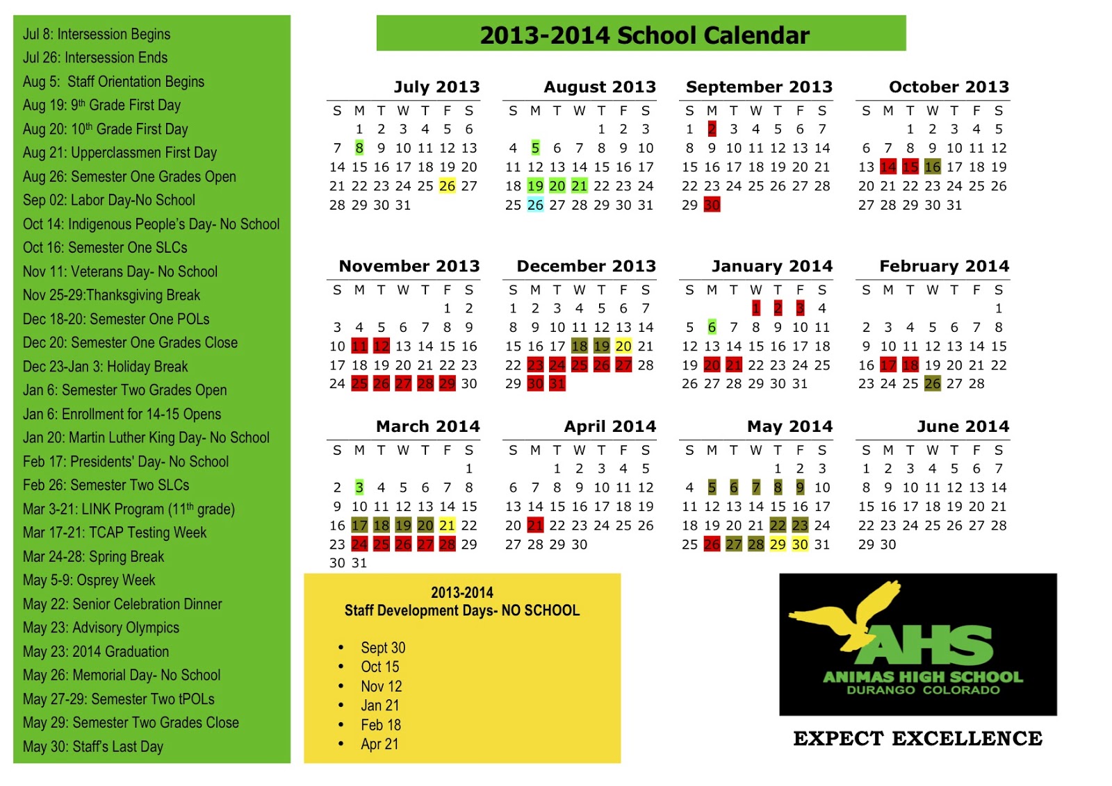 Animas High School 201314 Animas High School Calendar