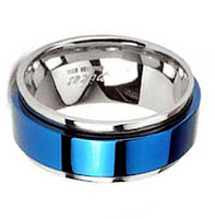 Highly Polished Stainless Steel Ring with Blue Plated Center For Men Front View