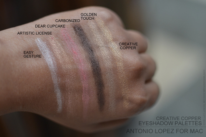 MAC Antonio Lopez Makeup Collection 6-Color Eyeshadow Palettes - Creative Copper Easy Gesture Artistic License Dear Cupcake Golden Touch Carbonized - Swatches MAC antonio lopez makeup collection 6 color eyeshadow palettes creative copper easy gesture artistic license dear cupcake golden touch carbonized swatches photos indian darker skin beauty blog