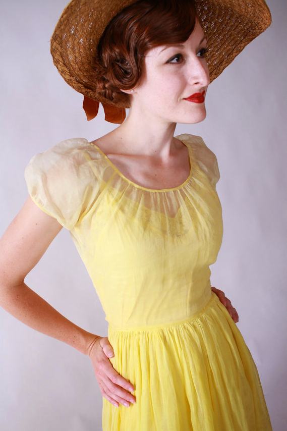 Vintage Picnic Garden Party Dress 1930s Yellow Organza Dress
