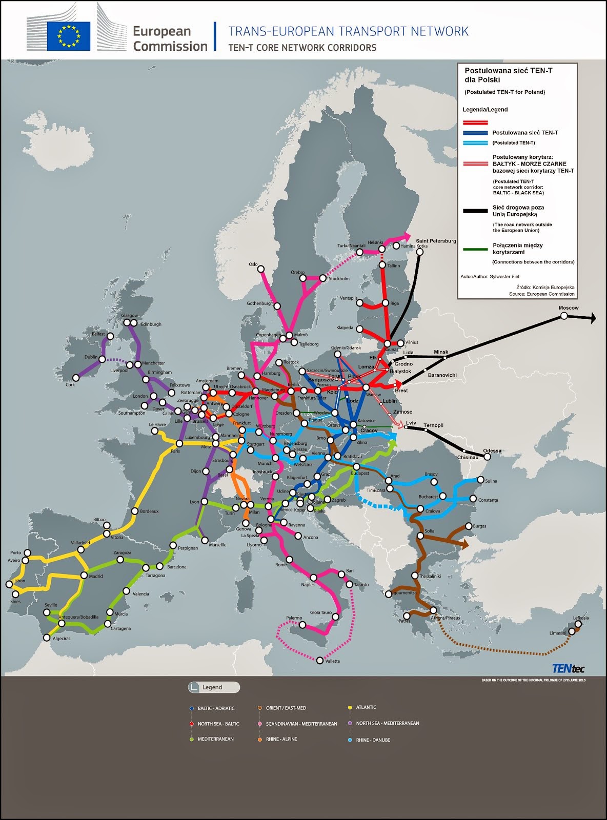 Map of the postulated TEN-T for Plock and Poland with the proposed the course of the roads