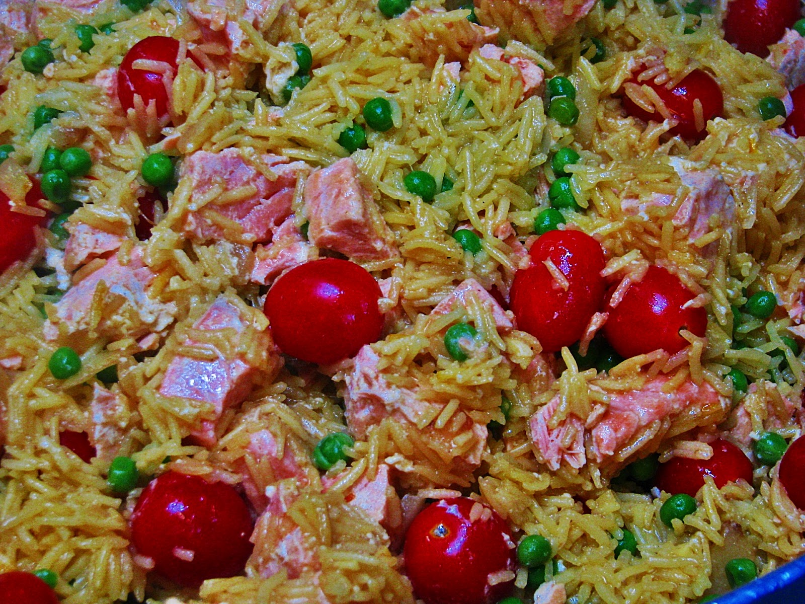 Basmati Rice with Salmon, Saffron, Peas, and Grape Tomatoes
