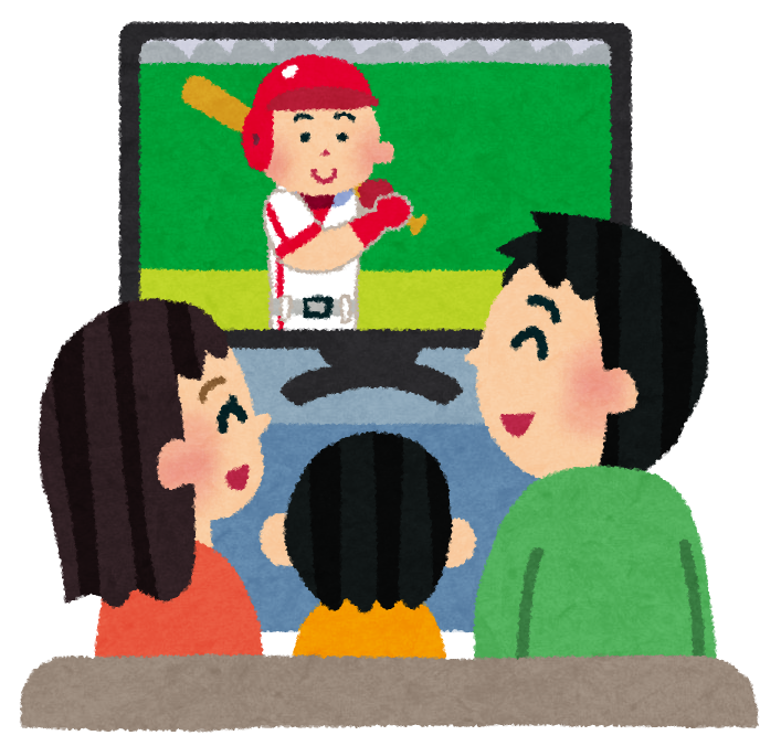 無料イラスト かわいいフリー素材集 スポーツ観戦のイラスト テレビで野球観戦