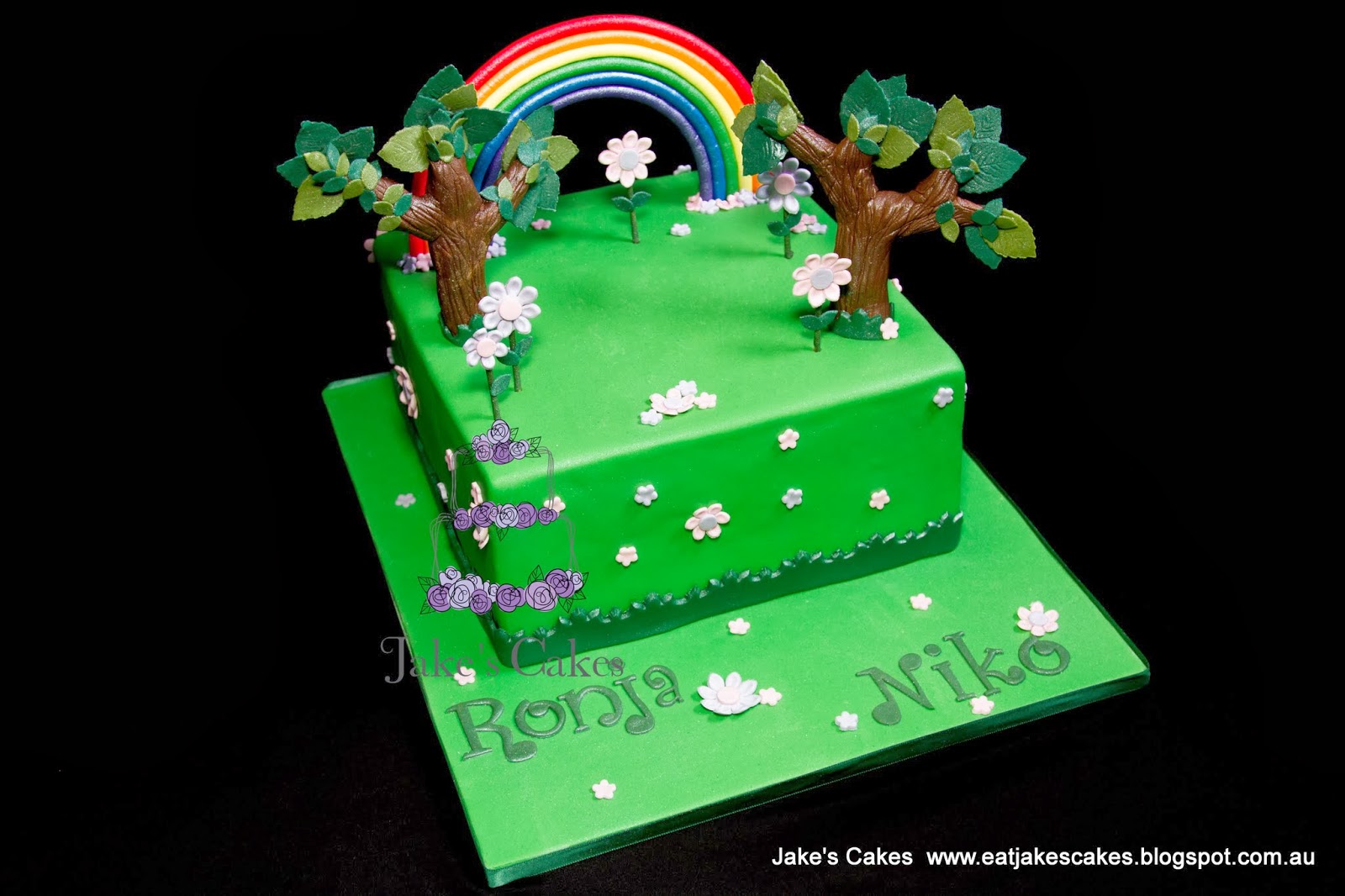 Jake's Cakes Rainbow, trees and flowers cake