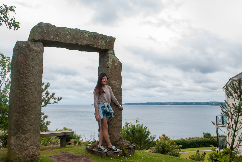 Stonehenge structure in gyllyngdune gardens Falmouth, conrwall, England stonehengs structure, ootd, and view of the sea in gyllyngdune gardens Falmouth, conrwall, England