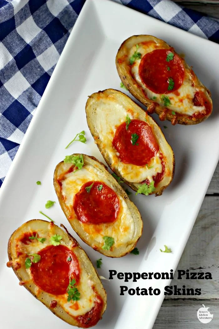 Pepperoni Pizza Potato Skins | by Renee's Kitchen Adventures - Pizza meets potato skins in this easy to make recipe perfect for game day!  #Naturallycheesy #ad