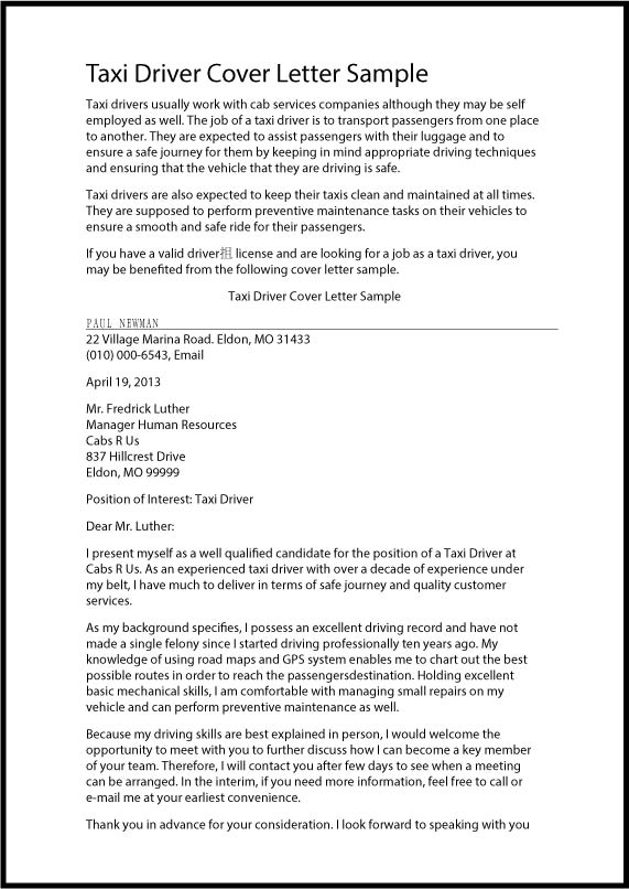 great sample resume taxi driver cover letter sample