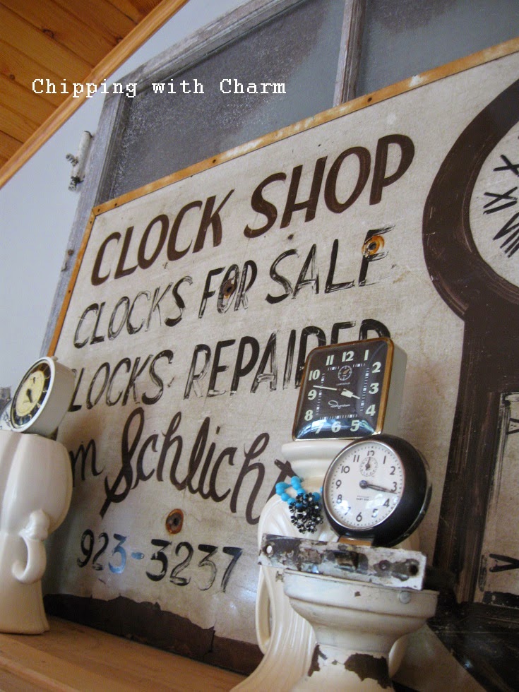 Chipping with Charm:  Vintage Clock Shop Sign...http://www.chippingwithcharm.blogspot.com/
