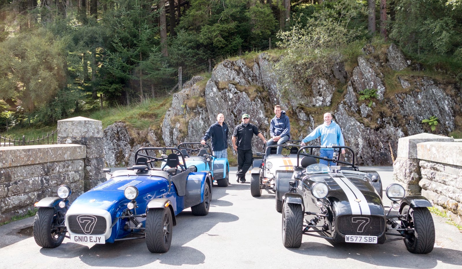 left to right... Me, Steve, Alex and Andy with our Caterhams at the Pen Y Garreg Dam.