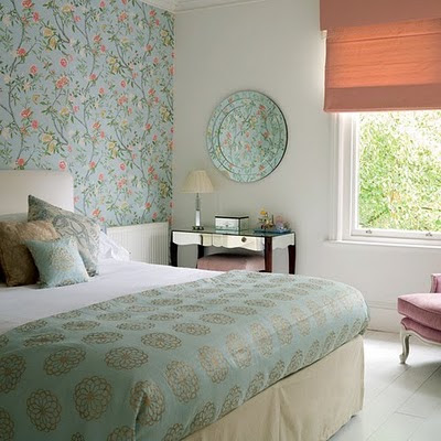 eclectic bedroom with floral wallpaper