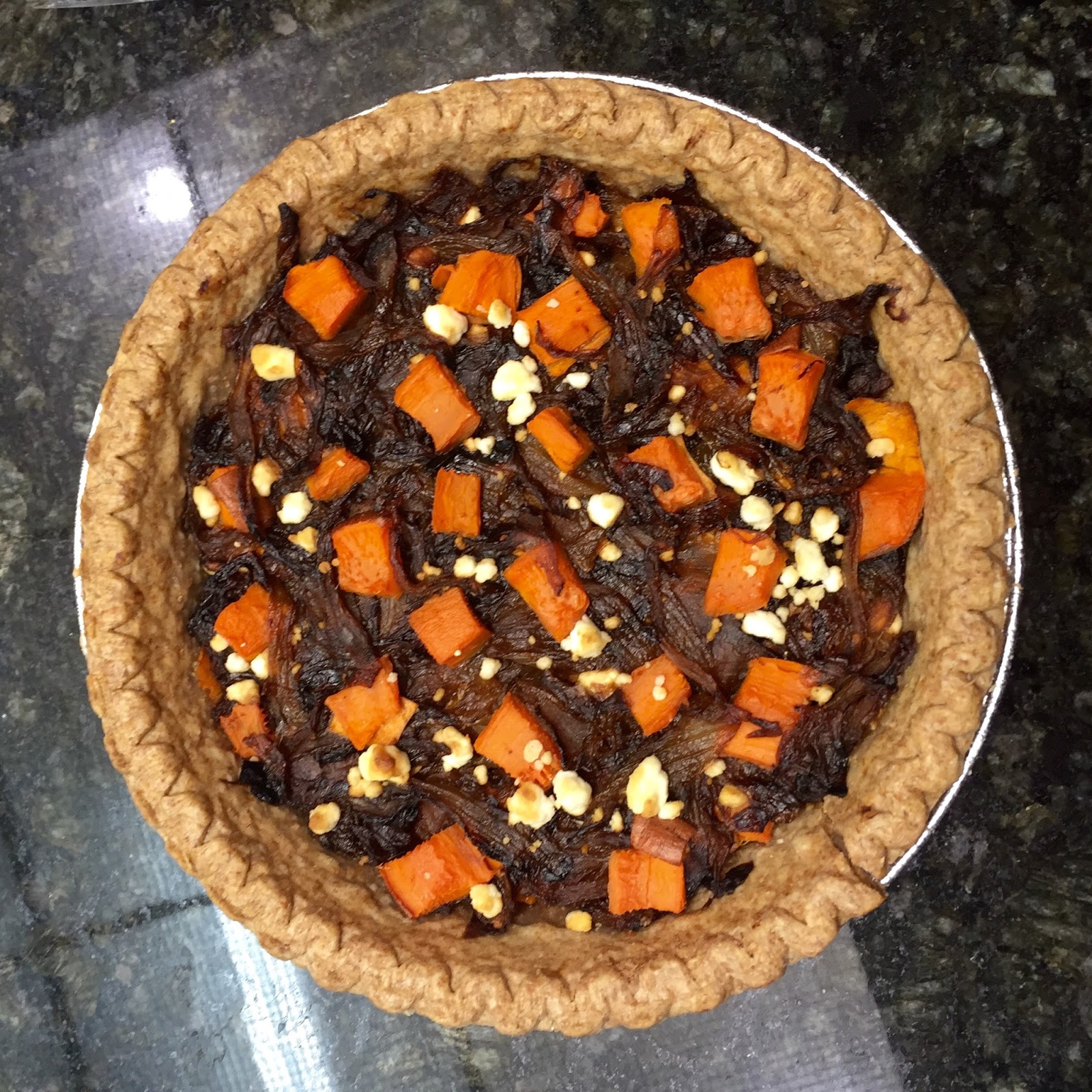 Kismet Cooking Carmelized Onion and Sweet Potato Tarte with Goat Cheese