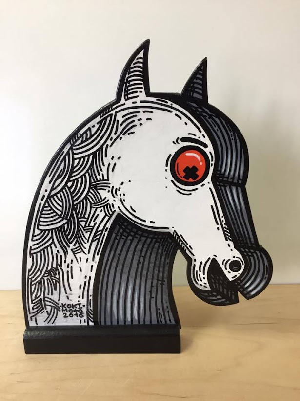 Irritant white horse head, 2016. One of a kind wooden figure, acrylic paint. Private collection