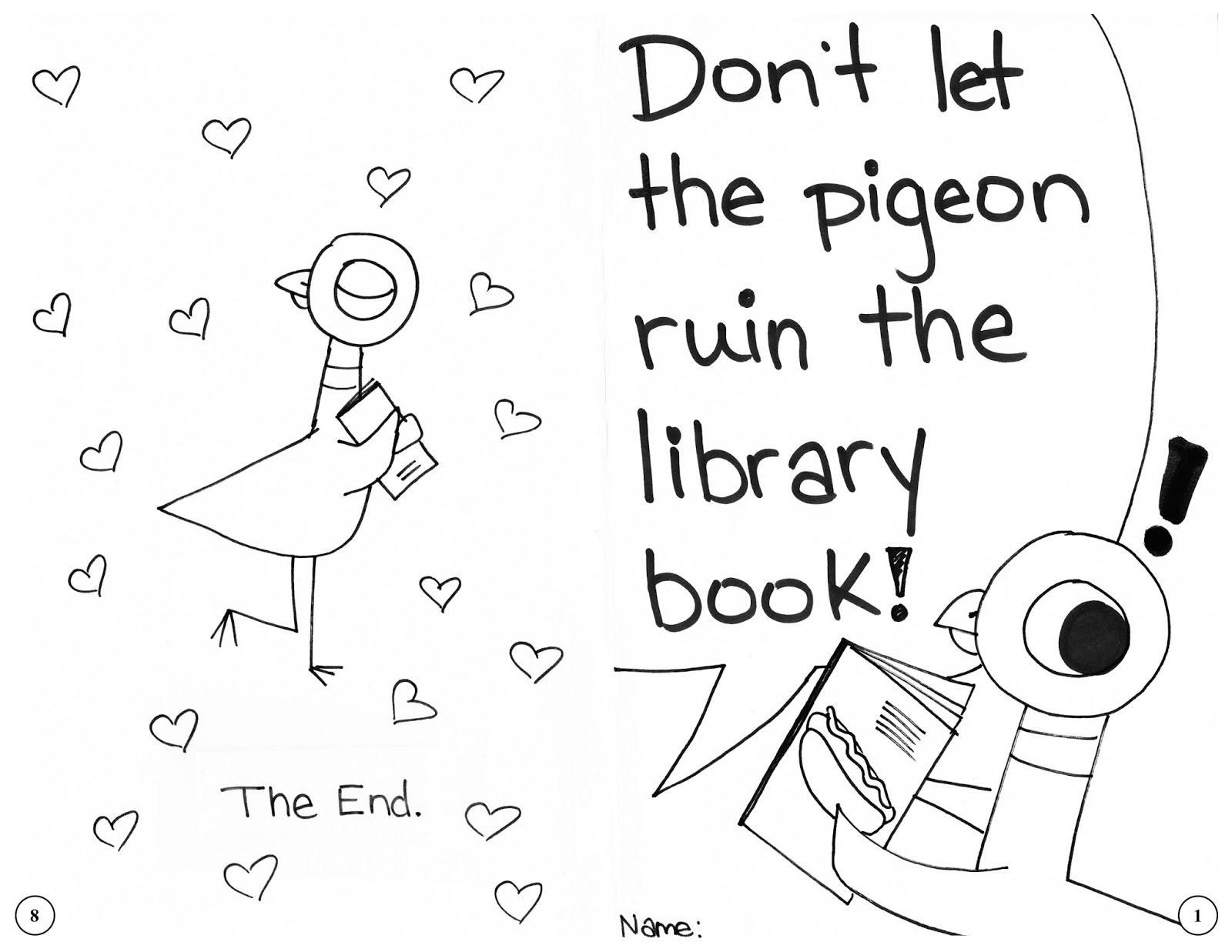 pigeon+book+pg+1+and+8.jpg 1,600×1,237 pixels Library lesson plans, Kindergarten library