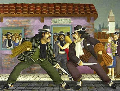 pintura de dos malevos peleando con cuchillo