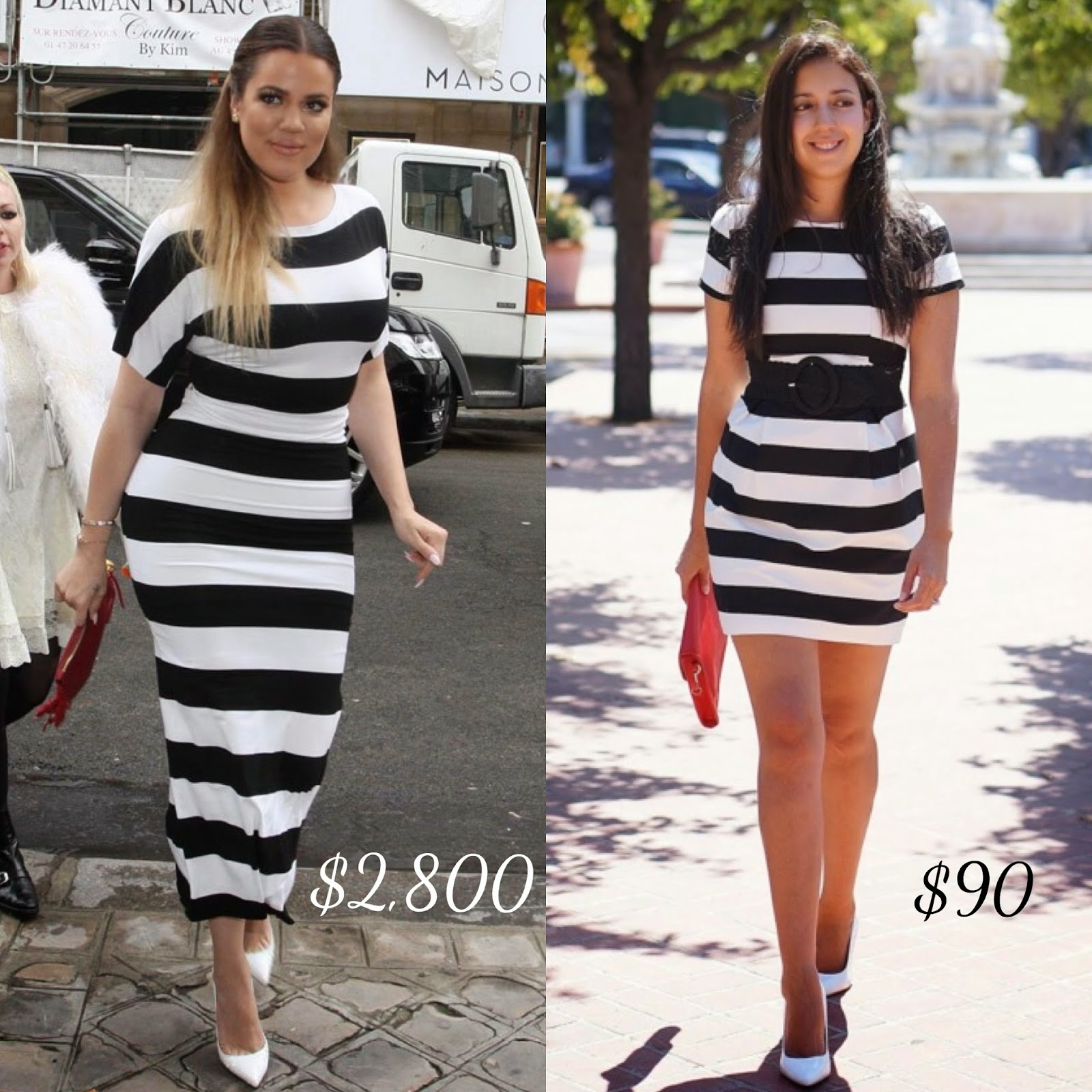 Khloe Kardashian's Look for Less, Khloe Kardashian's Striped Two Piece Outfit, H&M Striped Dress, White Pumps, Fashion Blogger, Celebrity Look For Less