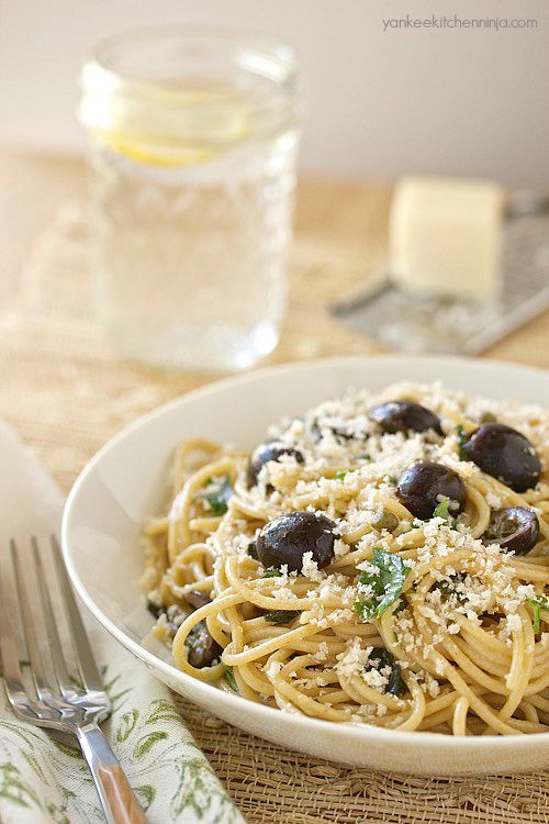 Mediterranean pasta with no cook olive sauce Yankee Kitchen Ninja