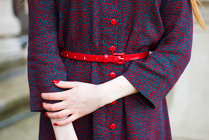 Retro style fashion blogger outfit with red tights and button up dress