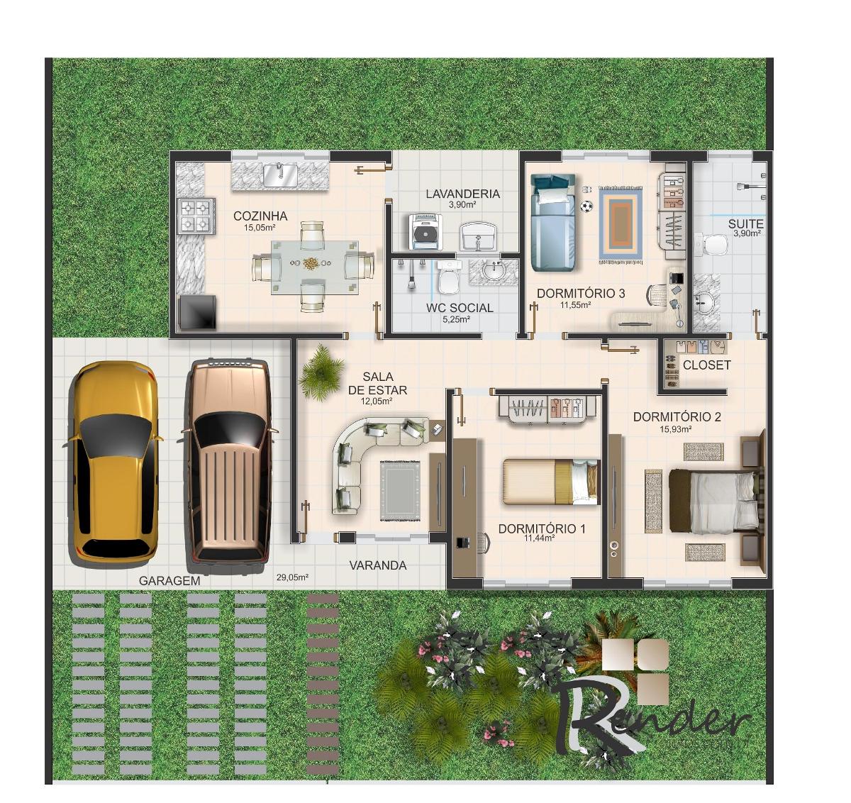 Planta de Casa Modelo de Casa Térrea com 3 Quartos  - plantas de casas com 3 quartos simples