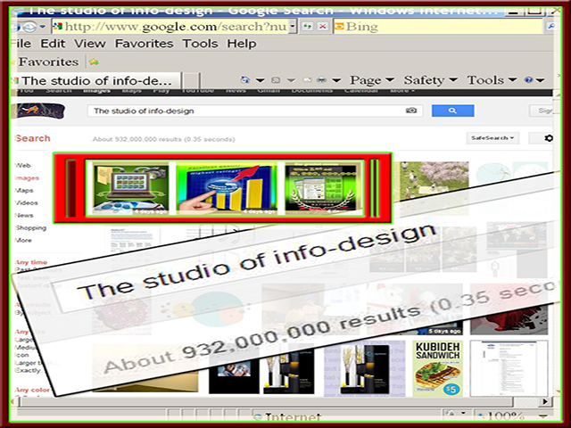 Ievadot vārdus “The studio of info-design”- (info-dizaina studija, angļu val.) Google attēlu meklētājā, iegūstam rezultātu- trīs pirmās vietas Pasaules vizuālā un informācijas dizaina studiju piedāvāto info- attēlu starpā.