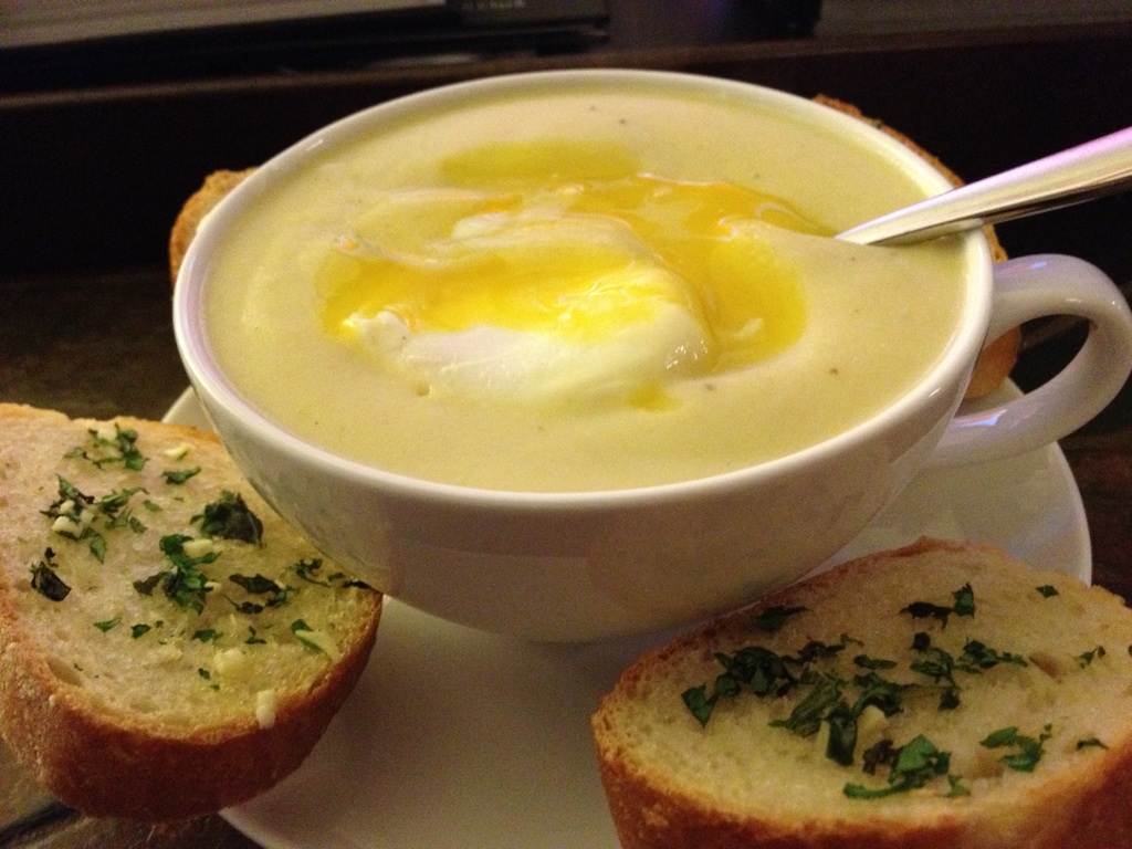 Bourbon and Bleu meatless monday potato soup with poached eggs