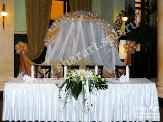 Оформление свадьбы воздушными шарами и тканями в бело-золотых тонах