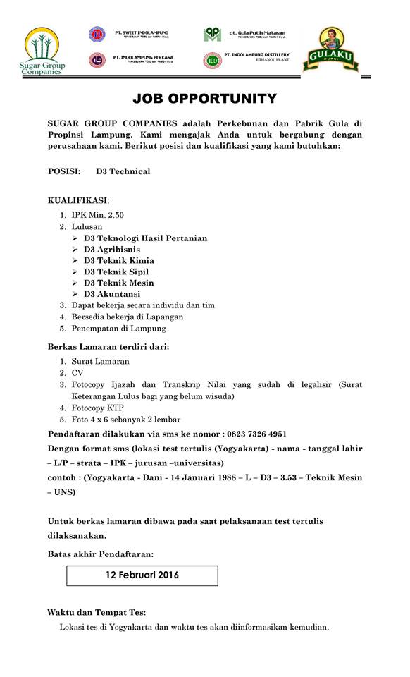 Lowongan Kerja Pt Sugar Group Companies D3 Technical Leadership Program Yoyakarta Januari 2016 Lowongan Kerja Terbaru