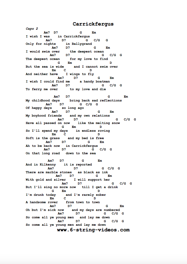 Guitar Tabs Guitar Tabs And Song Sheet For Carrickfergus