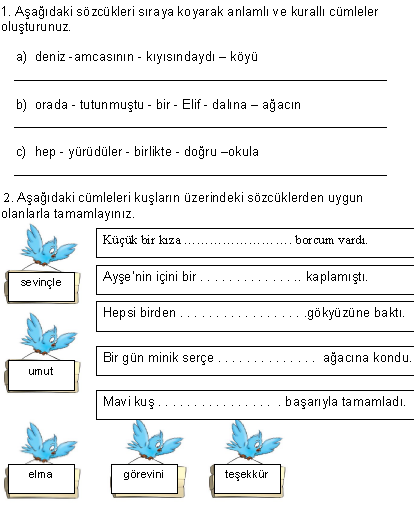 1. Sinif Türkçe Cümle Bilgisi Çalişma Sayfasi - Ders ve Çalışma Kitabı
