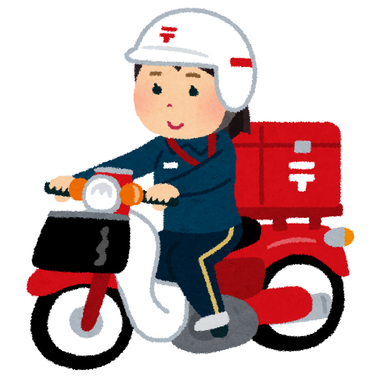 無料イラスト かわいいフリー素材集 バイクに乗った郵便配達員のイラスト 女性