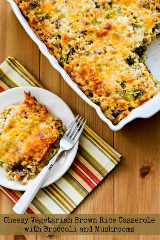 Cheesy Vegetarian Brown Rice Casserole with Broccoli and Mushrooms
