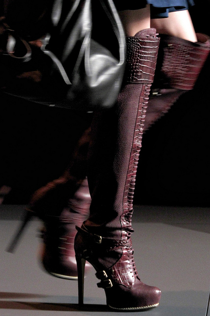 Dior 'wine' reptile knee high boots 