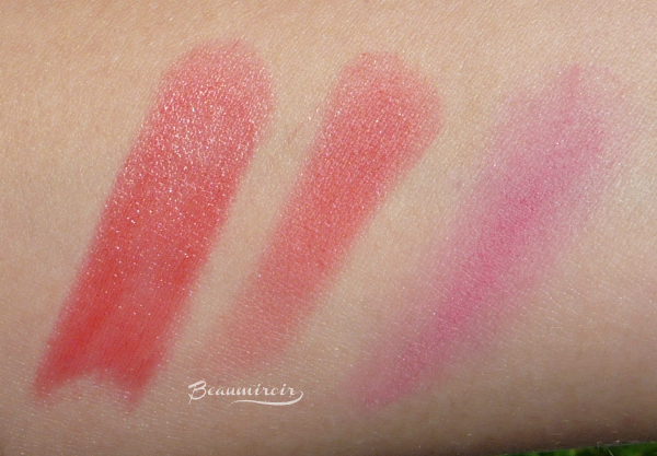 Swatches of Burberry Lip & Cheek Bloom in Hydrangea, Blush Subtil Crème in Coral Alizée from Lancôme's summer 2015 French Paradise collection , Lancome Shine Lover in Corail Lover lipstick