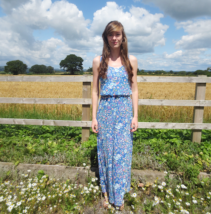 Blue Ditsy Print Maxi Dress Apricot