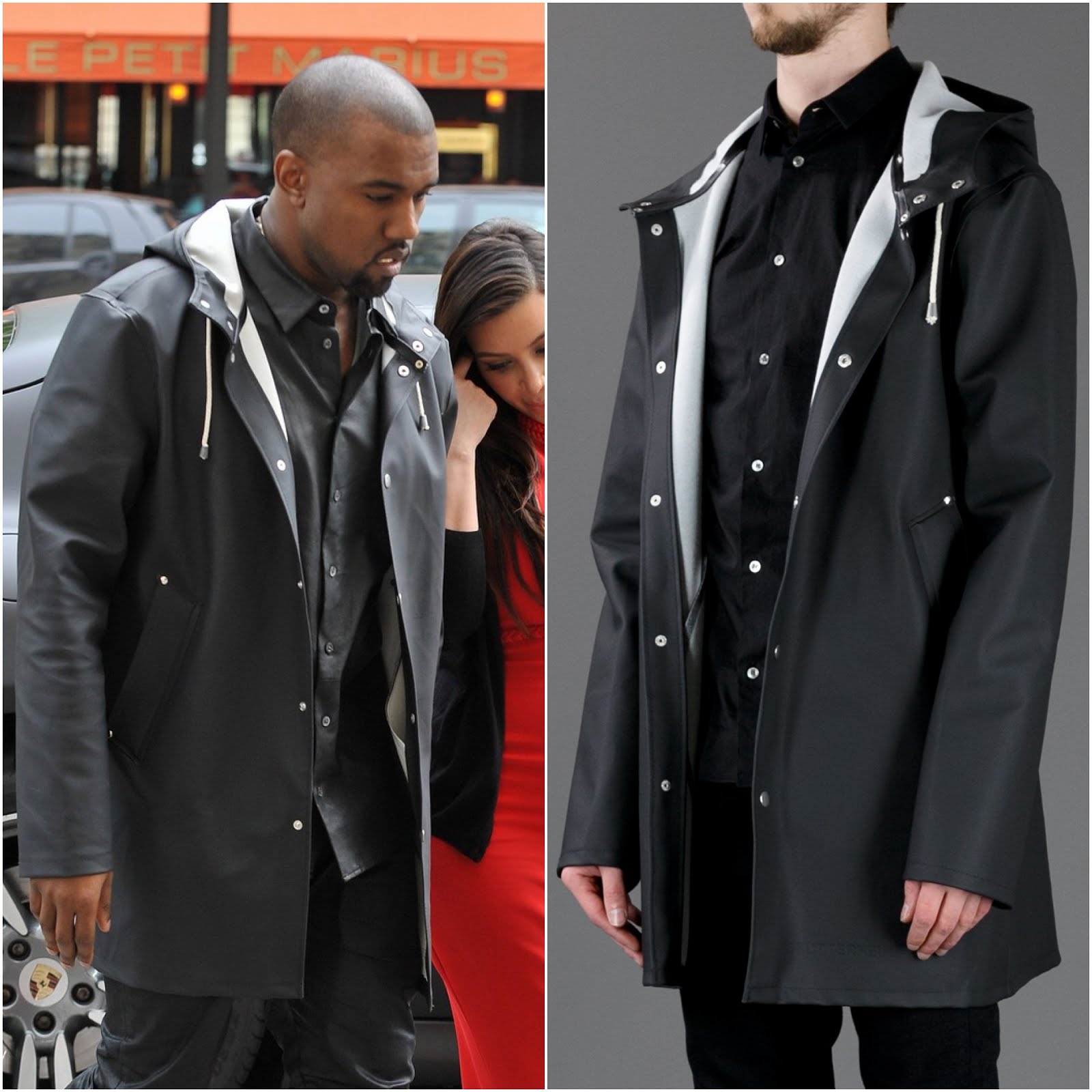 00O00 Menswear Blog: Kanye West in Stutterheim raincoat parka with Kim Kardashian - Paris Street Style April 2013