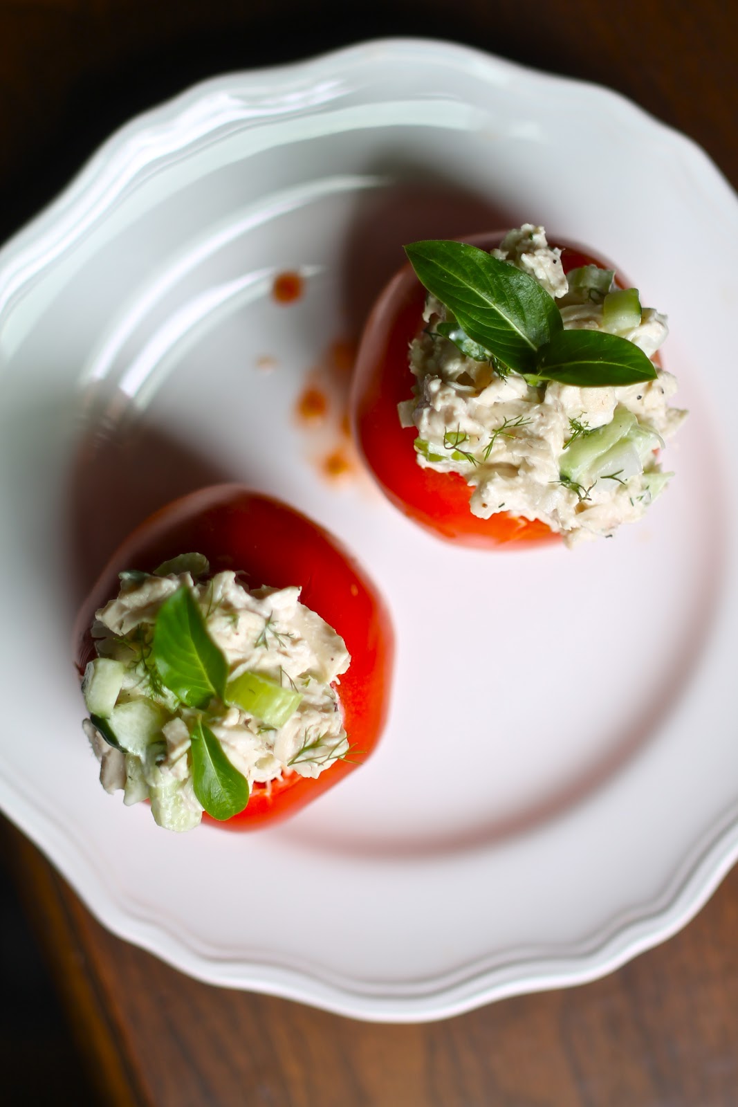 Yammie's Noshery Cucumber Dill Chicken Salad in Tomato Cups