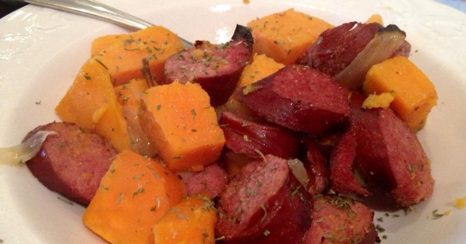 Globbed in Ganache Roasted Turkey Kielbasa With Sweet Potatoes
