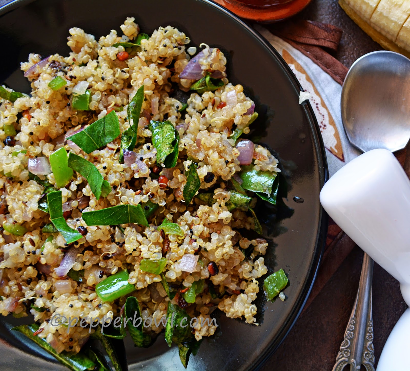 Quinoa Upma, healthy vegetarian breakfast Pepper Bowl, a Food blog of