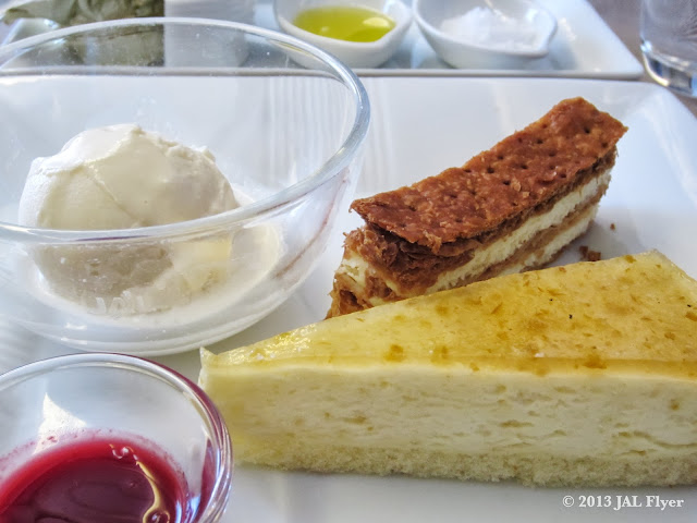 JAL First Class Trip Report on JL005: Grand Dessert - "Yuzu" Mousse Cake, Mille-feuille with Raspberry Sauce, Vanilla Ice Cream