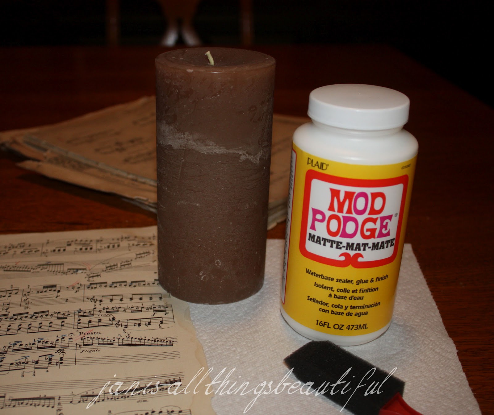All Things Beautiful What Can I Mod Podge Today? {sheetmusic candle}