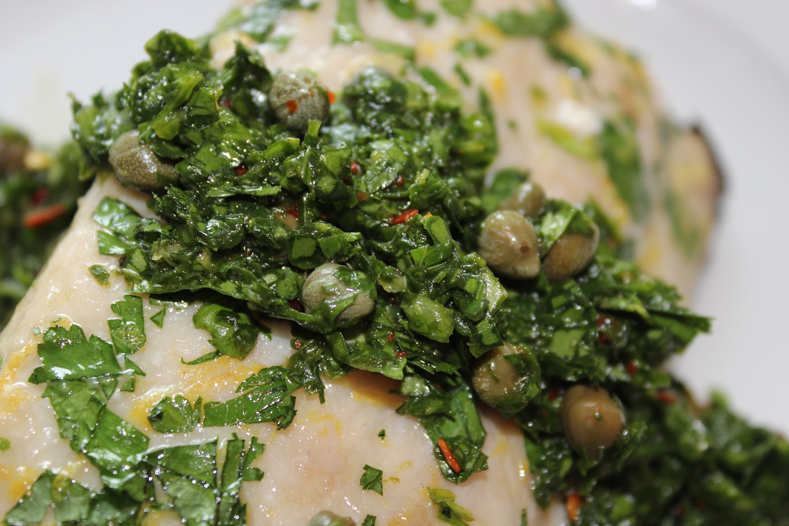Food For The Fresh Baked Fish w/ ArugulaCaper Salsa Verde